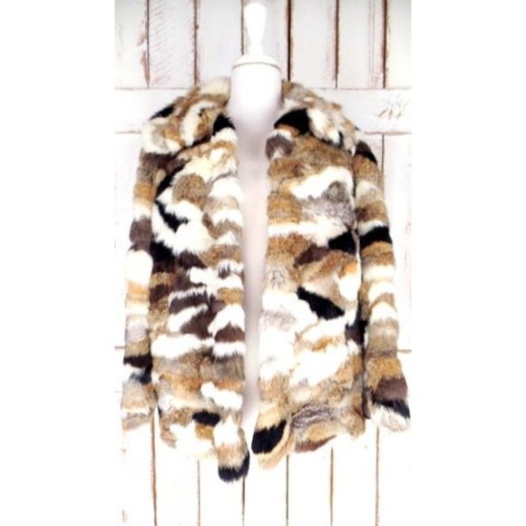 70s vintage patchwork rabbit fur jacket brown ivory black rabbit fur coat - Picture 2 of 5